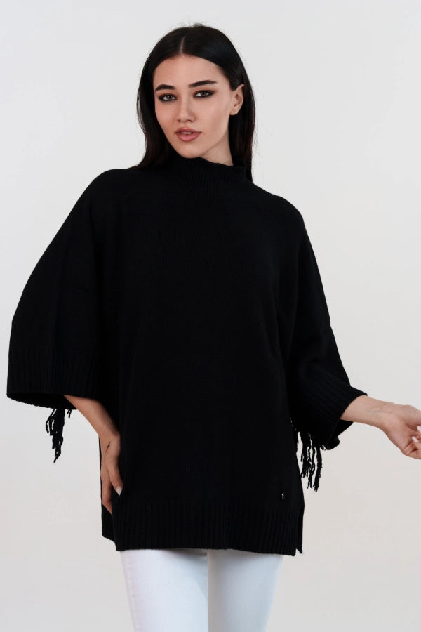 Mezzo collo oversize con frange alle maniche in cashmere blend