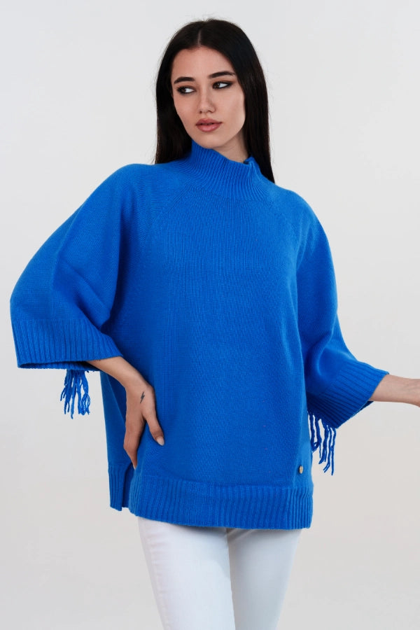 Oversized halve hals met franjes aan de mouwen van kasjmiermix