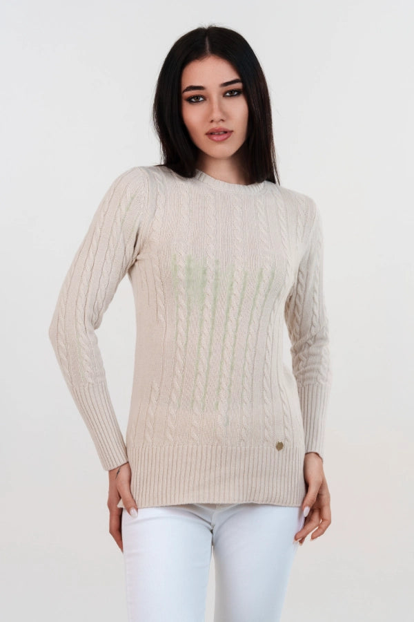 Pullover girocollo a trecce polsi alti cashmere blend