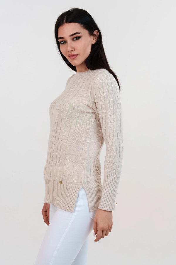 Pullover girocollo a trecce polsi alti cashmere blend