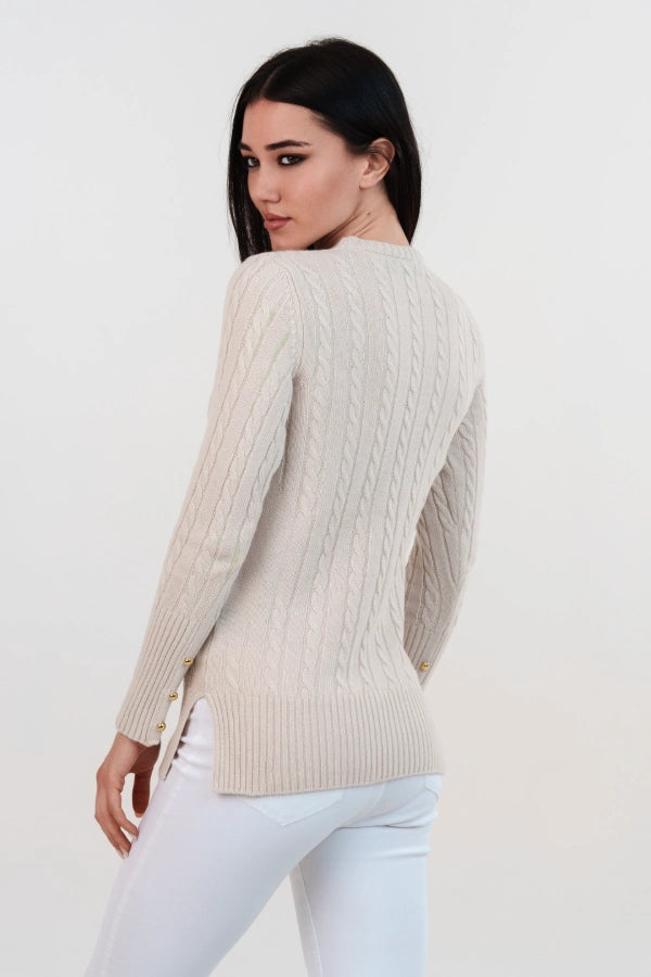 Pullover girocollo a trecce polsi alti cashmere blend