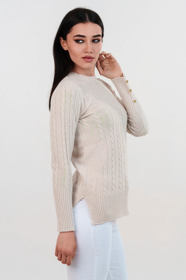 Pullover girocollo a trecce polsi alti cashmere blend