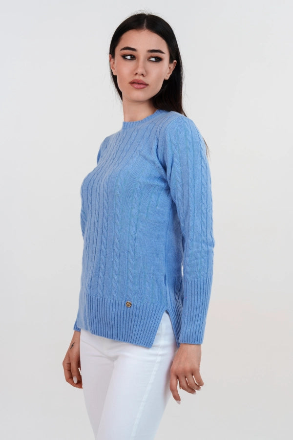 Pullover girocollo a trecce polsi alti cashmere blend