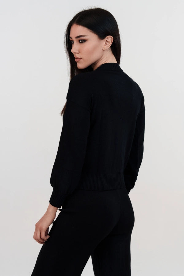 Pullover crop jacquard “Regina di Cuori” con mezzo collo e polso a sbuffo