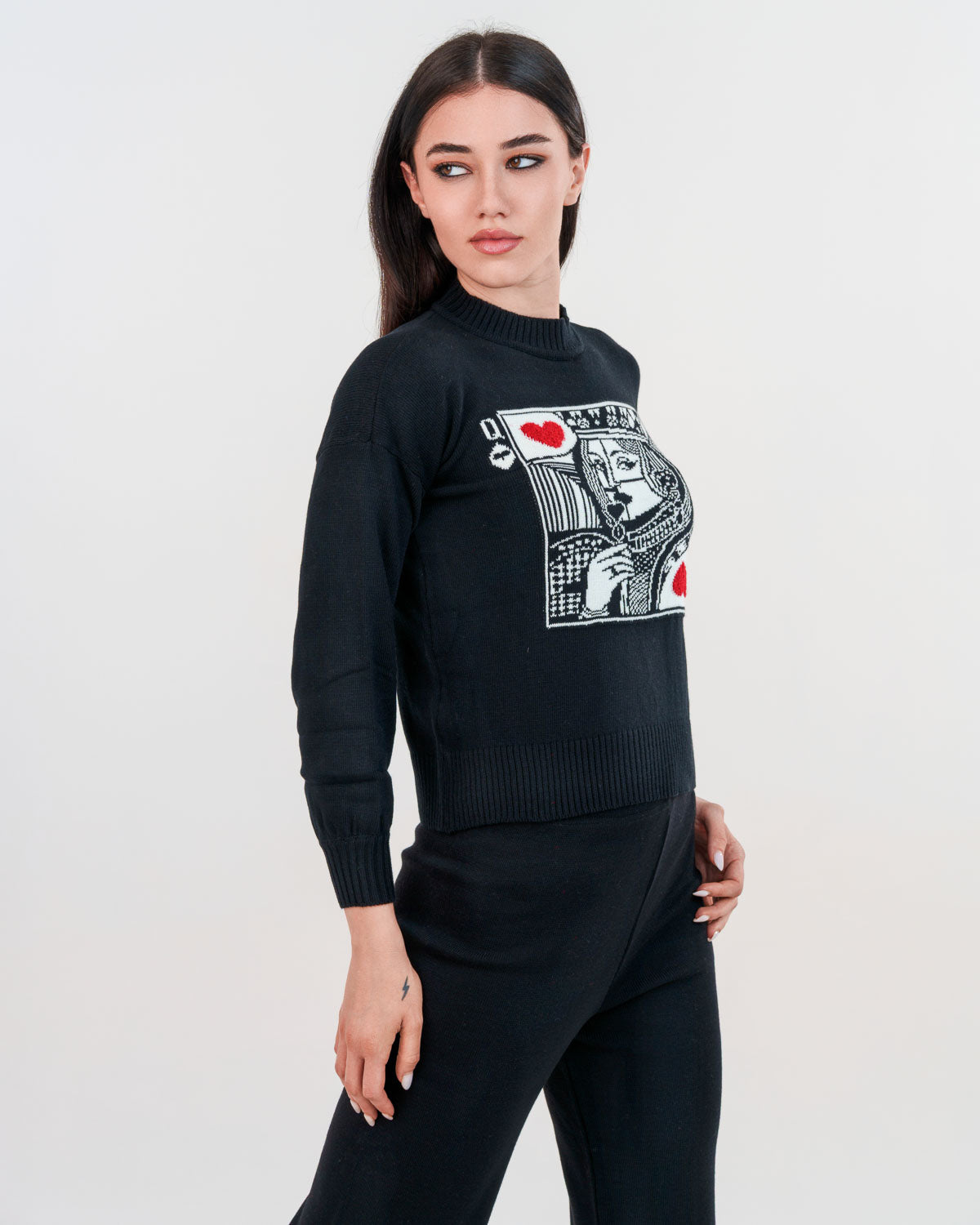 “Queen of Hearts” jacquard crop sweater with half collar and puffed cuffs