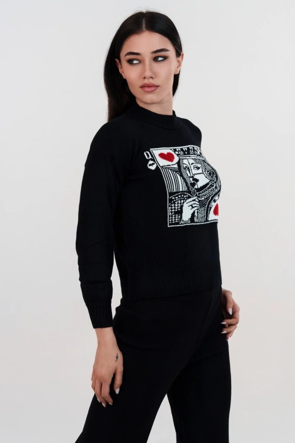 Pullover crop jacquard “Regina di Cuori” con mezzo collo e polso a sbuffo