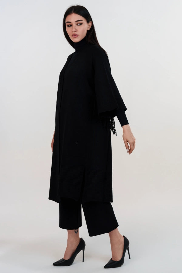 Kimono in maglia con frange e manica a tre quarti in cashmere blend