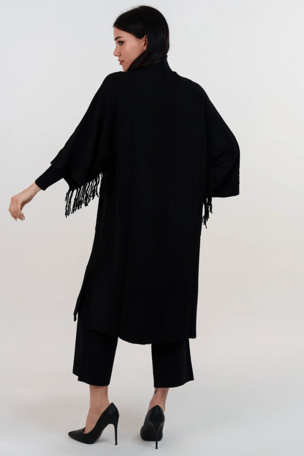 Kimono in maglia con frange e manica a tre quarti in cashmere blend