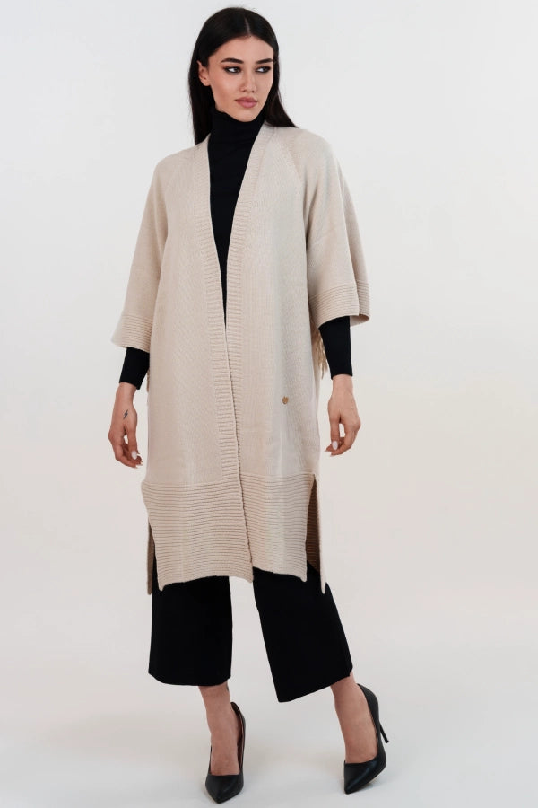 Kimono in maglia con frange e manica a tre quarti in cashmere blend