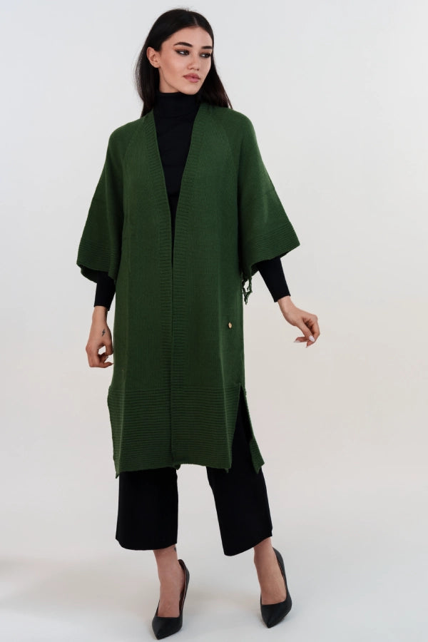 Kimono in maglia con frange e manica a tre quarti in cashmere blend