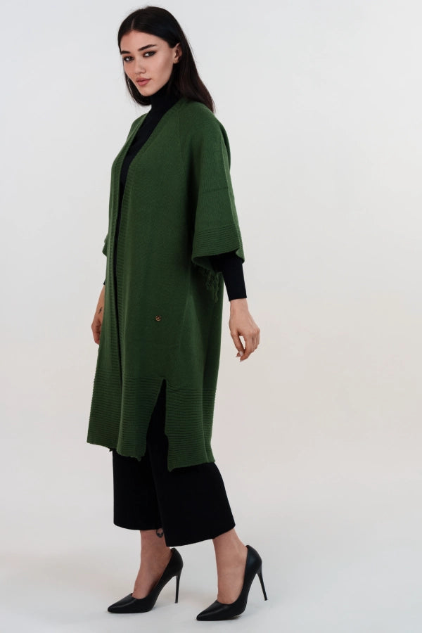 Kimono in maglia con frange e manica a tre quarti in cashmere blend