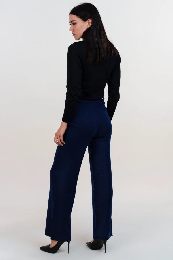 Pantaloni palazzo a punto stoffa in lana merino con fibbia ornamentale