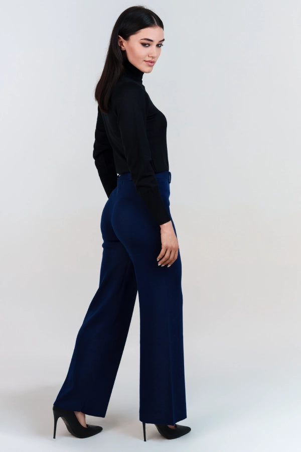 Pantaloni palazzo a punto stoffa in lana merino con fibbia ornamentale