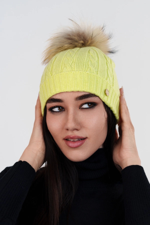 Berretto a trecce con risvolto e pon pon staccabile in cashmere blend