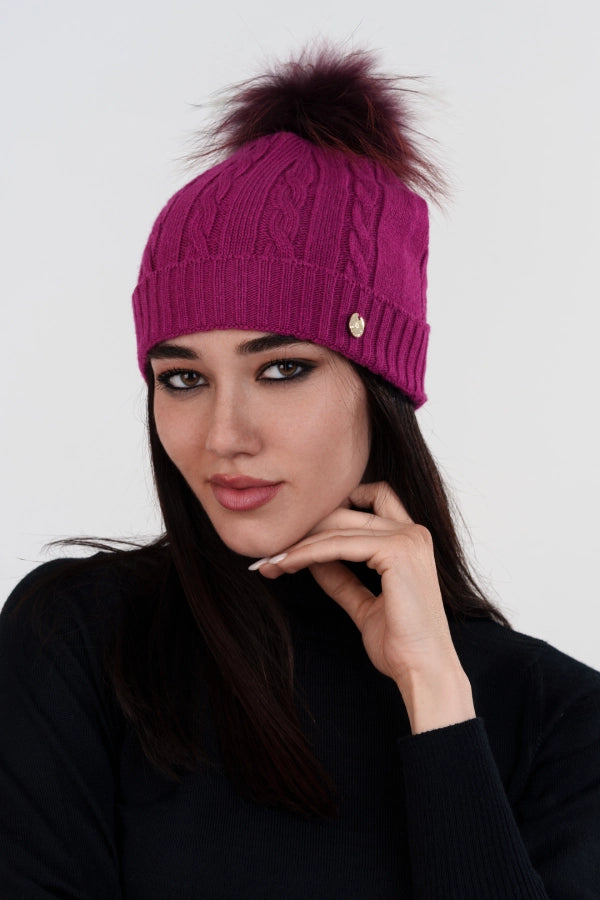 Berretto a trecce con risvolto e pon pon staccabile in cashmere blend