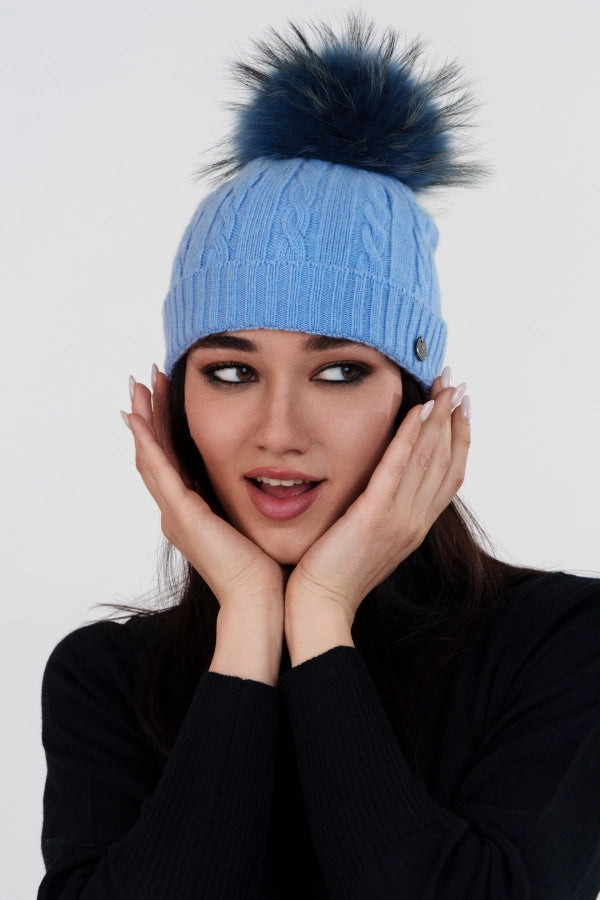 Berretto a trecce con risvolto e pon pon staccabile in cashmere blend