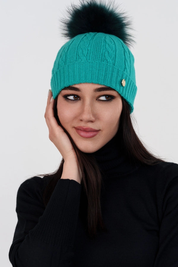 Berretto a trecce con risvolto e pon pon staccabile in cashmere blend