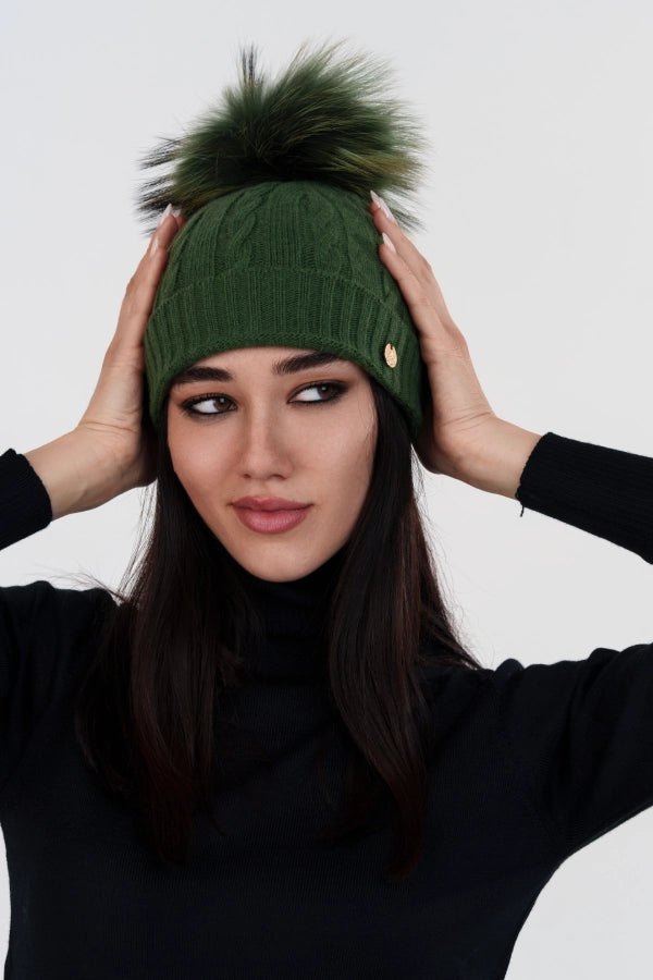 Berretto a trecce con risvolto e pon pon staccabile in cashmere blend