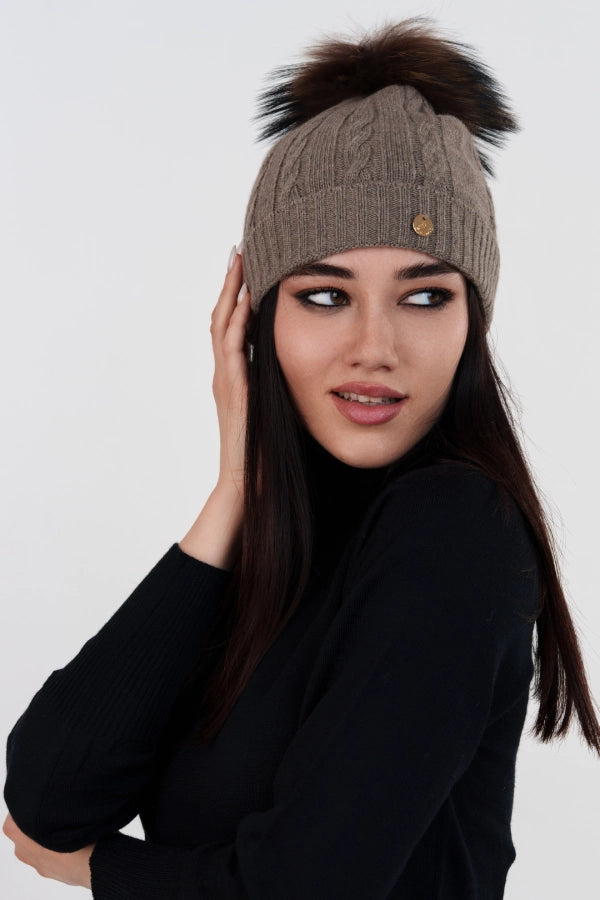 Berretto a trecce con risvolto e pon pon staccabile in cashmere blend