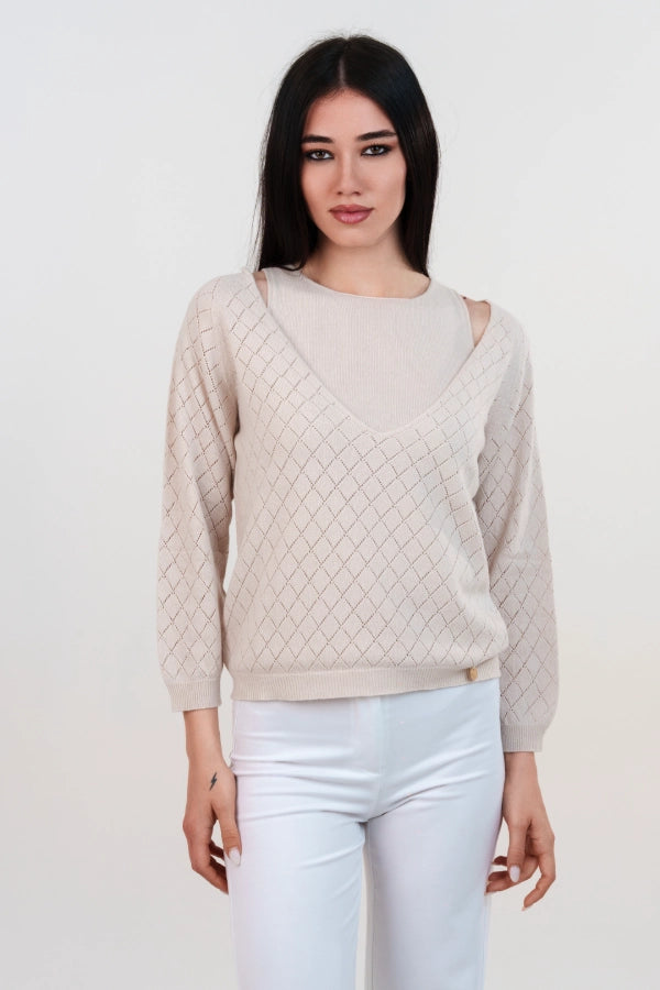Twin set con scollo a V traforato e canotta a maglia rasata in cashmere blend