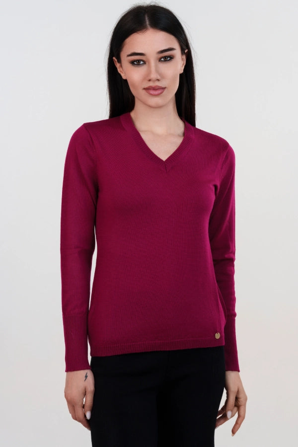 Pullover scollo a V basico a maglia rasata fine in lana merino