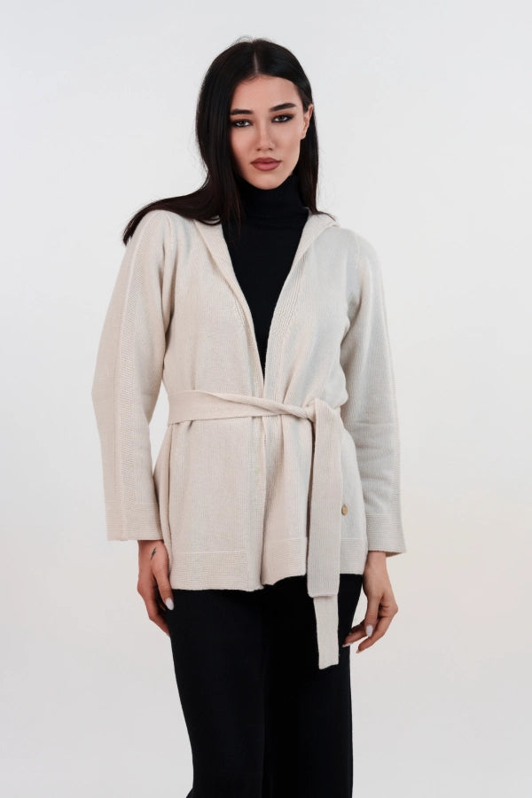Cardigan seamless con cappuccio e cintura in cashmere blend