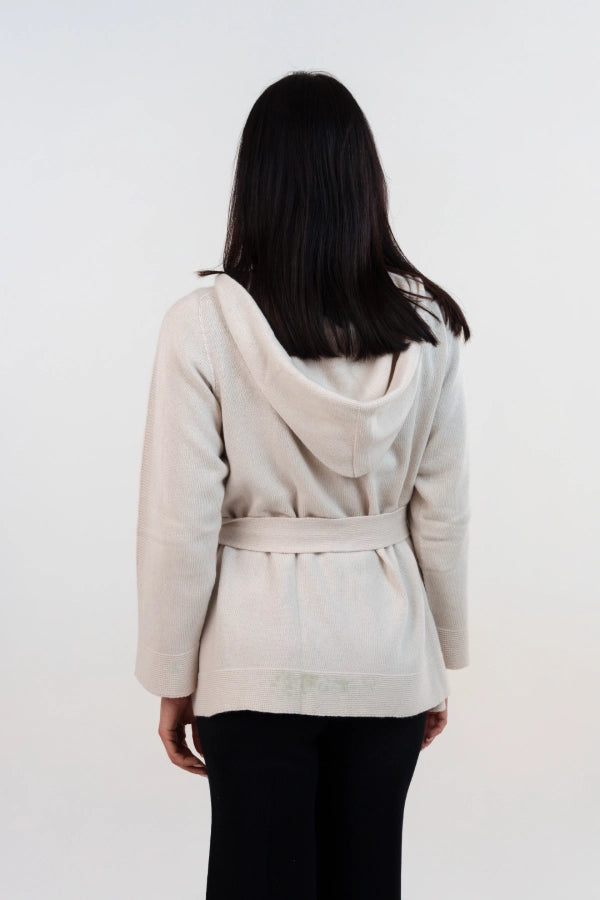 Cardigan seamless con cappuccio e cintura in cashmere blend