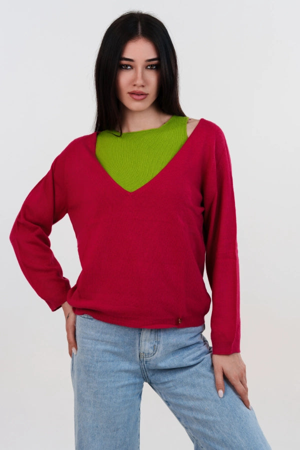 Twin set bicolore cashmere blend scollo a V e canotta a rasato