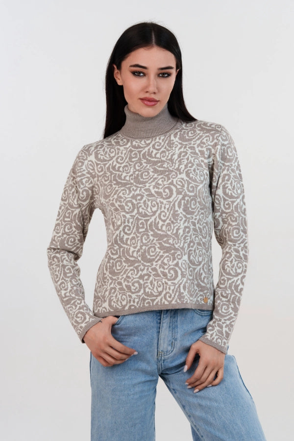 Pullover dolcevita bicolore in jacquard damascato