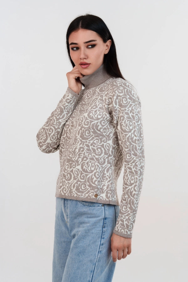 Pullover dolcevita bicolore in jacquard damascato