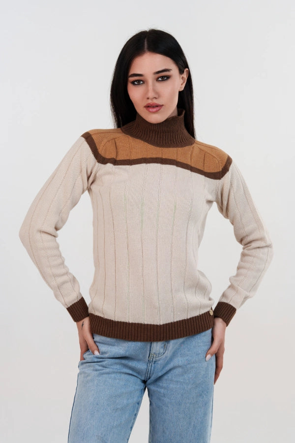 Pullover mezzo collo a coste larghe rigato con manica martello