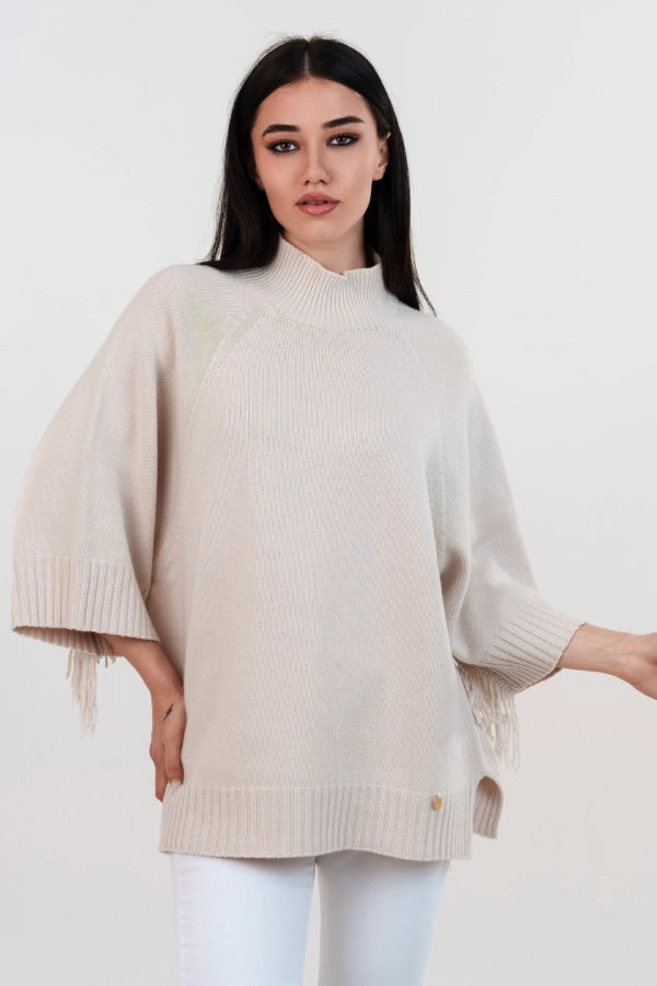 Mezzo collo oversize con frange alle maniche in cashmere blend