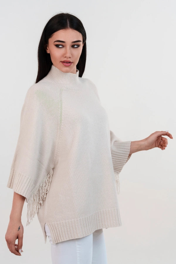 Mezzo collo oversize con frange alle maniche in cashmere blend