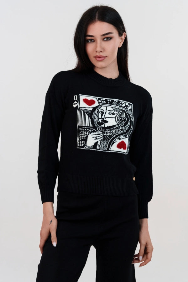 Pullover crop jacquard “Regina di Cuori” con mezzo collo e polso a sbuffo