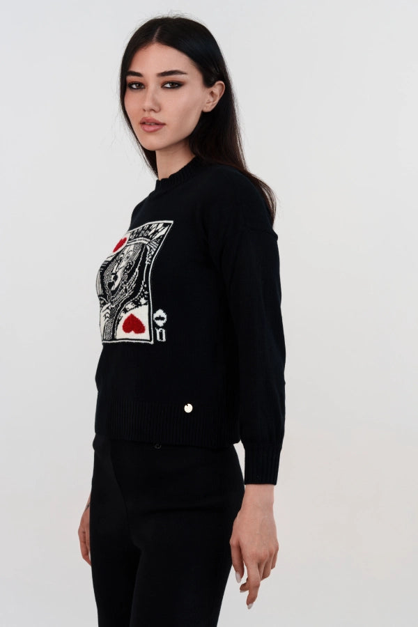 Pullover crop jacquard “Regina di Cuori” con mezzo collo e polso a sbuffo