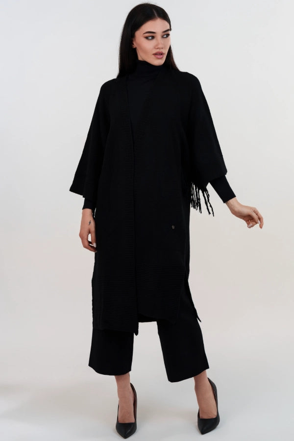 Kimono in maglia con frange e manica a tre quarti in cashmere blend