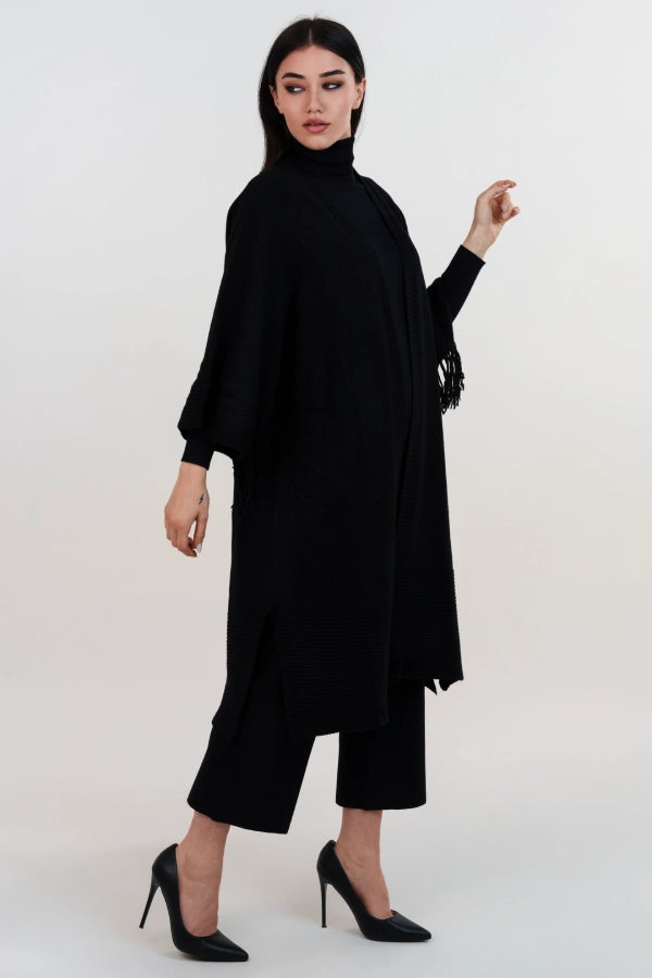 Kimono in maglia con frange e manica a tre quarti in cashmere blend