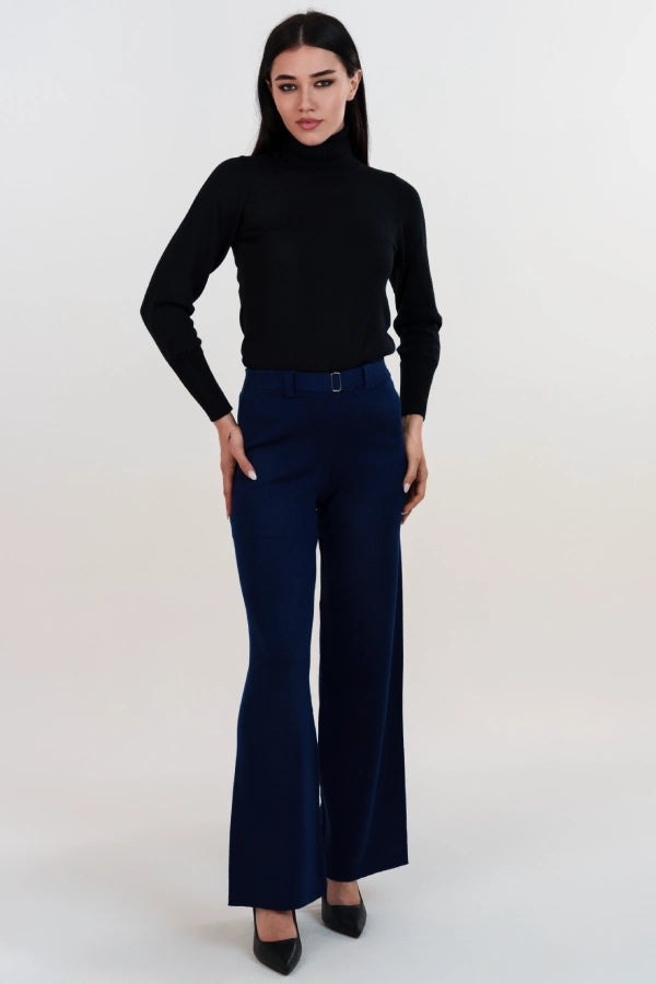 Pantaloni palazzo a punto stoffa in lana merino con fibbia ornamentale