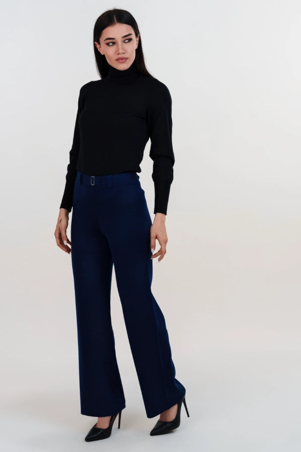 Pantaloni palazzo a punto stoffa in lana merino con fibbia ornamentale