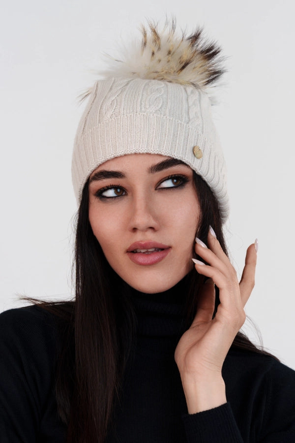 Berretto a trecce con risvolto e pon pon staccabile in cashmere blend