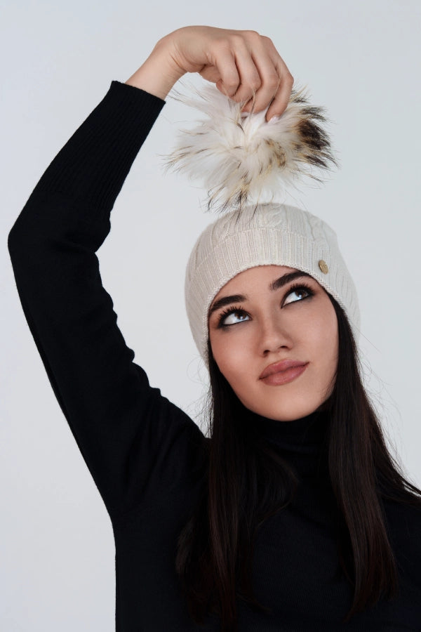 Berretto a trecce con risvolto e pon pon staccabile in cashmere blend