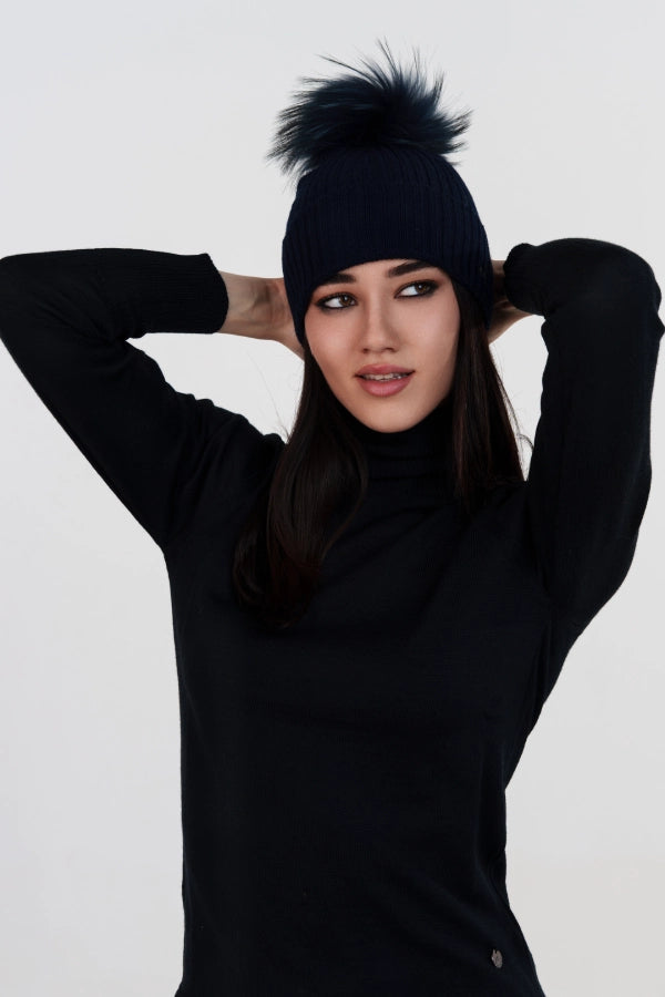 Ribbed cashmere blend hat with detachable pom pom