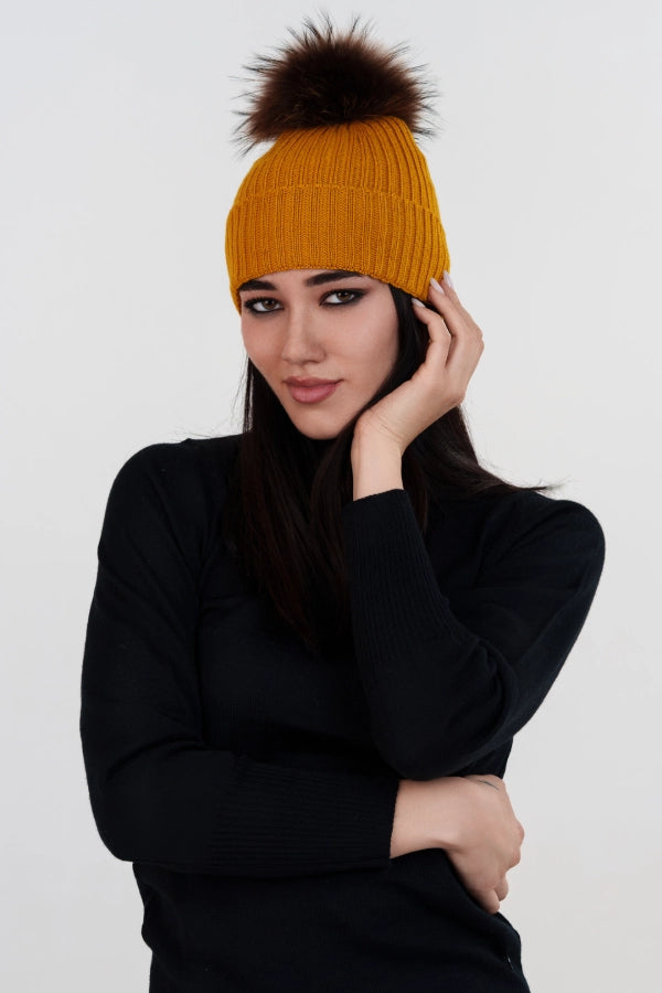 Ribbed cashmere blend hat with detachable pom pom