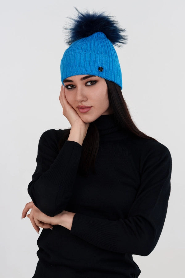 Ribbed cashmere blend hat with detachable pom pom