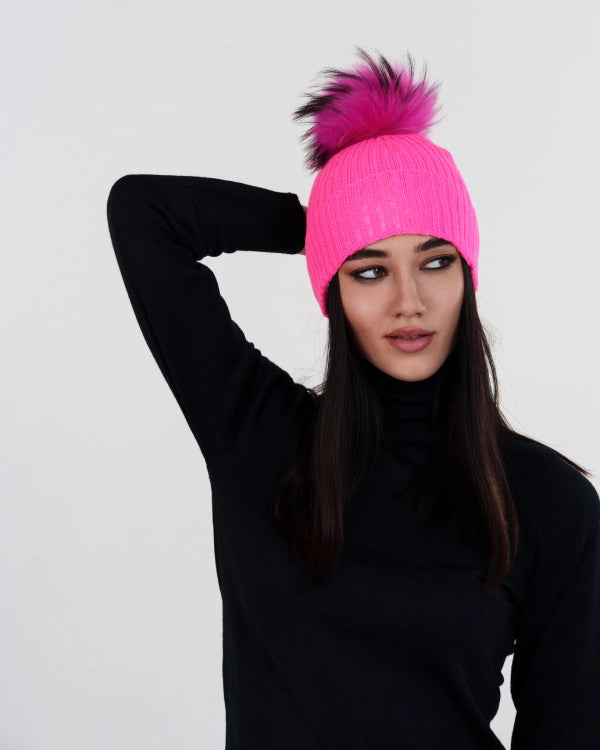 Ribbed cashmere blend hat with detachable pom pom