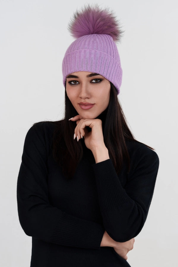 Ribbed cashmere blend hat with detachable pom pom
